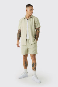 Boohoo Sage Green Plus Jersey Herringbone Mens Shirt