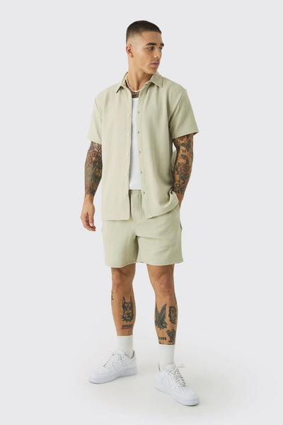 Boohoo Sage Green Plus Jersey Herringbone Mens Shirt