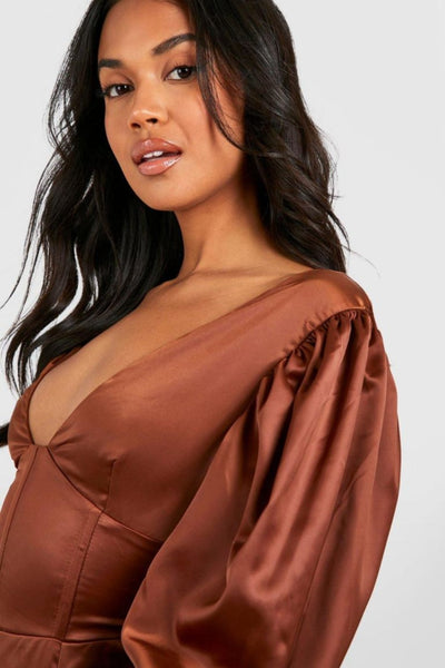 Boohoo Chocolate Volume Sleeve Satin Bodycon Womens Dress