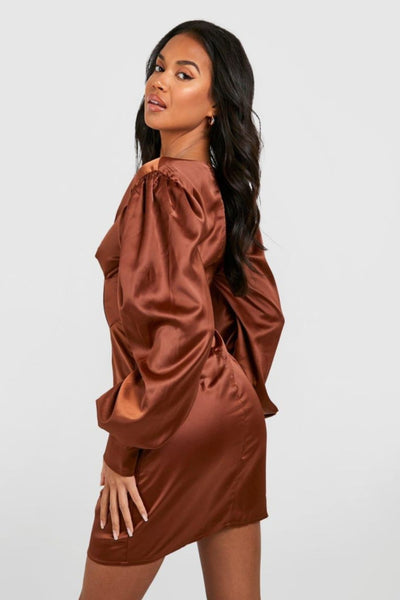 Boohoo Chocolate Volume Sleeve Satin Bodycon Womens Dress