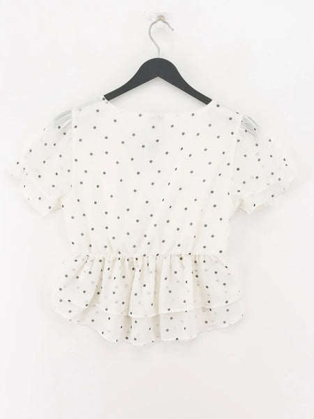 Pimkie White Polka Dot Vee Neck Womens Blouse