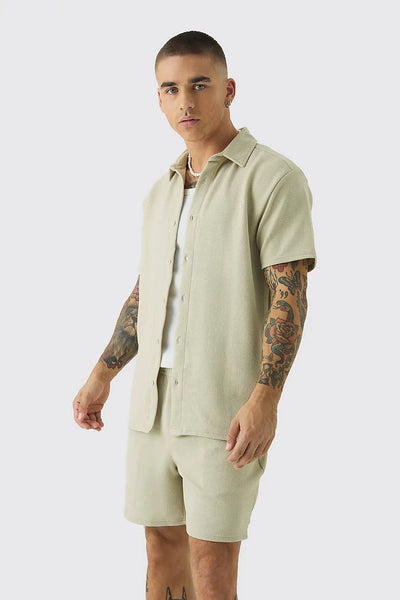 Boohoo Sage Green Plus Jersey Herringbone Mens Shirt