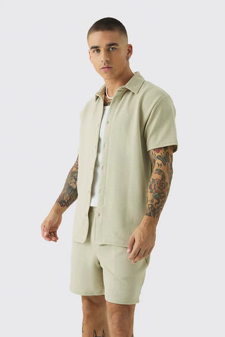 Boohoo Sage Green Plus Jersey Herringbone Mens Shirt