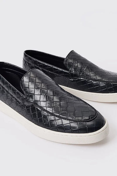 Boohoo Black Woven Faux Leather Slip On Mens Loafer