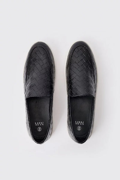 Boohoo Black Woven Faux Leather Slip On Mens Loafer