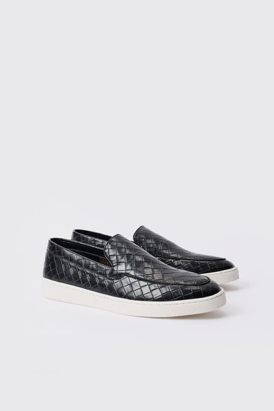 Boohoo Black Woven Faux Leather Slip On Mens Loafer