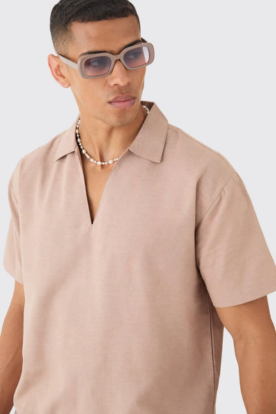 Boohoo Taupe Oversized Linen Blend Dropped Neck Mens Shirt