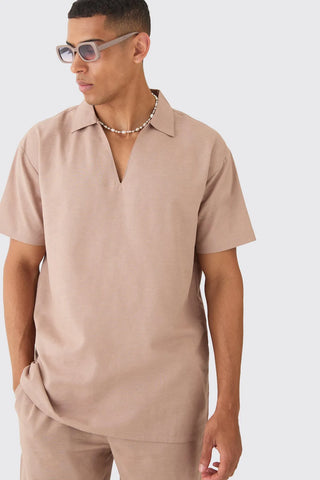 Boohoo Taupe Oversized Linen Blend Dropped Neck Mens Shirt