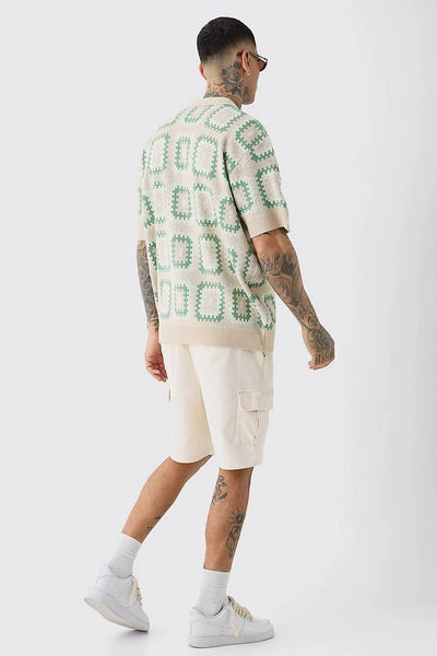 BoohooMan TALL OVERSIZED REVERE CROCHET POLO