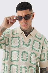 BoohooMan TALL OVERSIZED REVERE CROCHET POLO