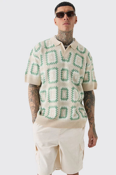 BoohooMan TALL OVERSIZED REVERE CROCHET POLO