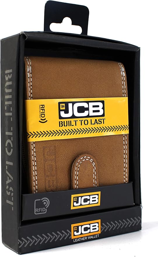 JCB - Mens Genuine Leather Wallets | Tri Fold Button Close Wallet RFID Protected (Black Box, Tan)