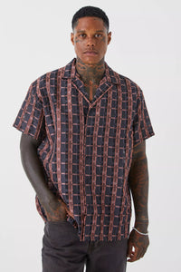 Boohoo Black/Orange Short Sleeve Oversized Sheer Velour Check Mens Shirt