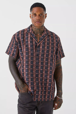Boohoo Black/Orange Short Sleeve Oversized Sheer Velour Check Mens Shirt