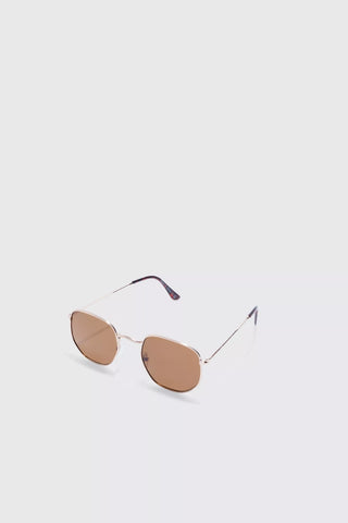 Boohoo Brown Hexagonal Metal Mens Sunglasses