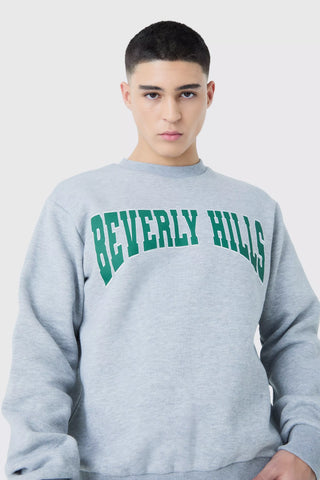 Boohoo Grey Marl Beverley Hills Varsity Mens Sweatshirt
