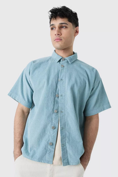 Boohoo Slate Light Blue Boxy Cord Mens Shirt