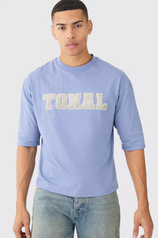 Boohoo Slate Blue Boxy Half Sleeve Borg Applique Mens T-Shirt