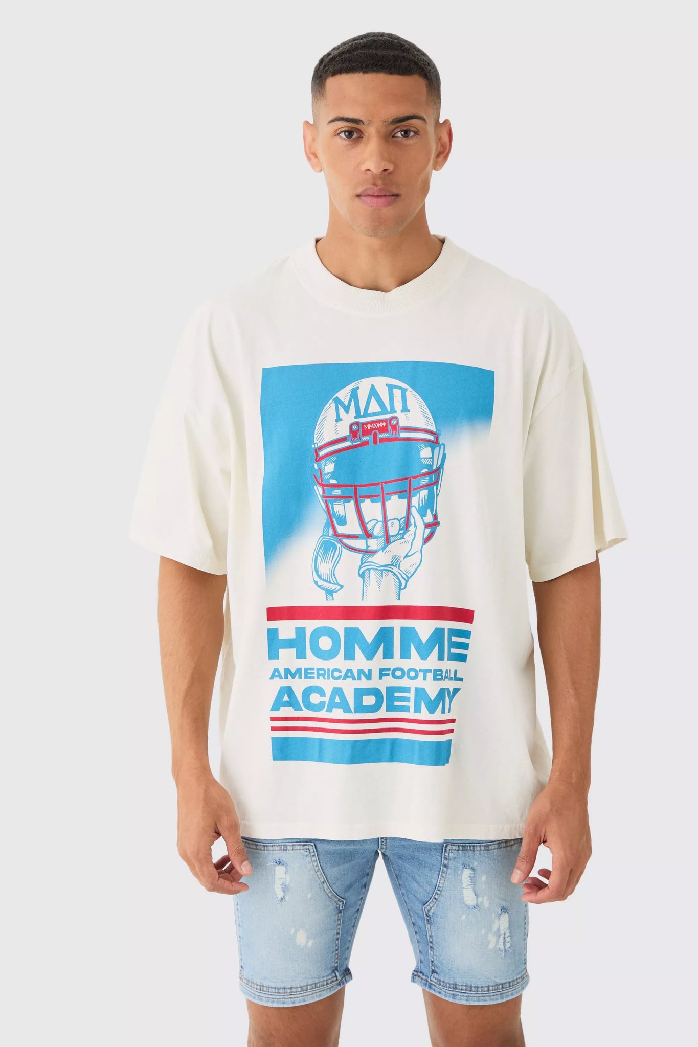 Boohoo Ecru Oversized Extended Neck Wash Academy Varsity Mens T-Shirt