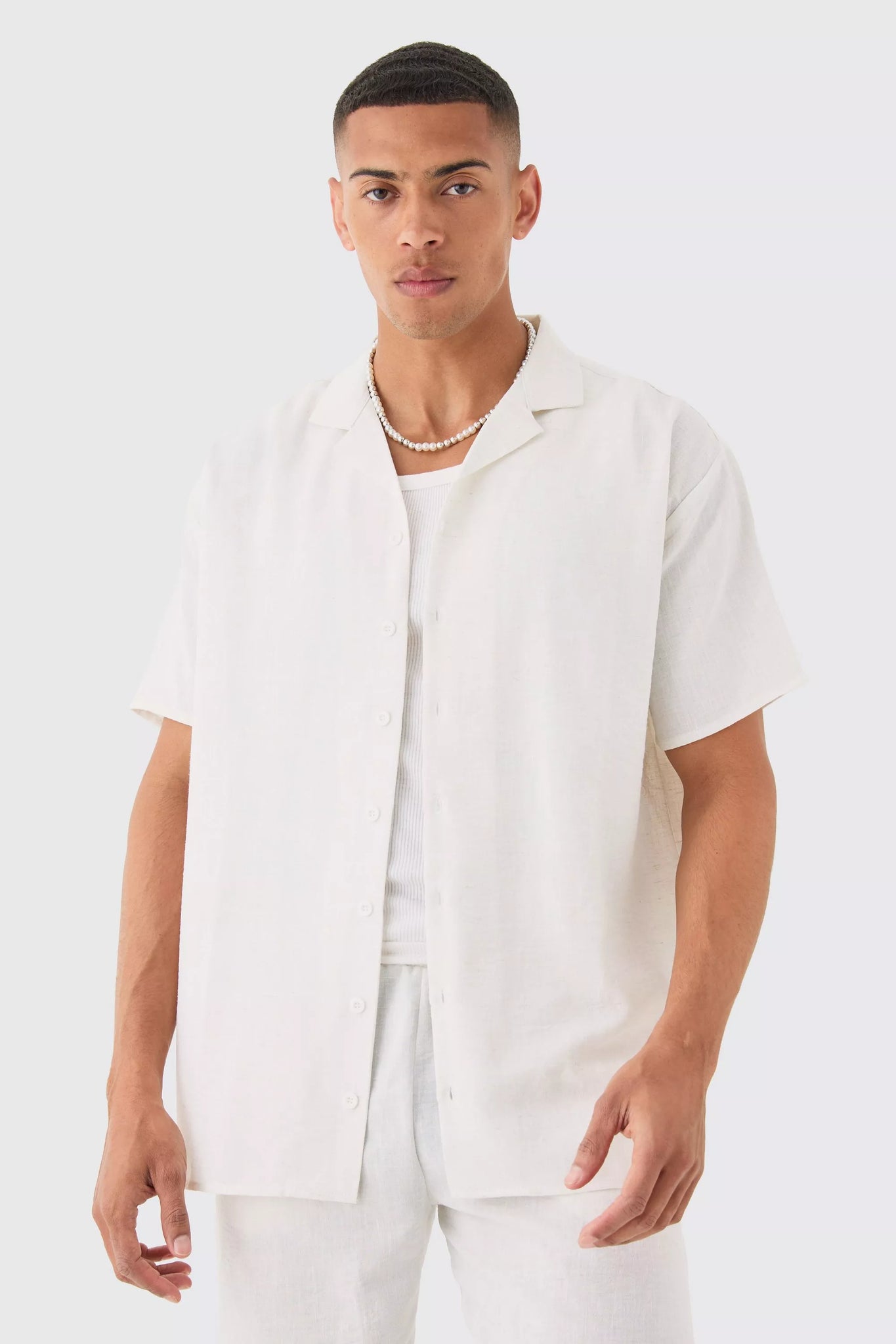 Boohoo White Oversized Linen Look Revere Mens Shirt