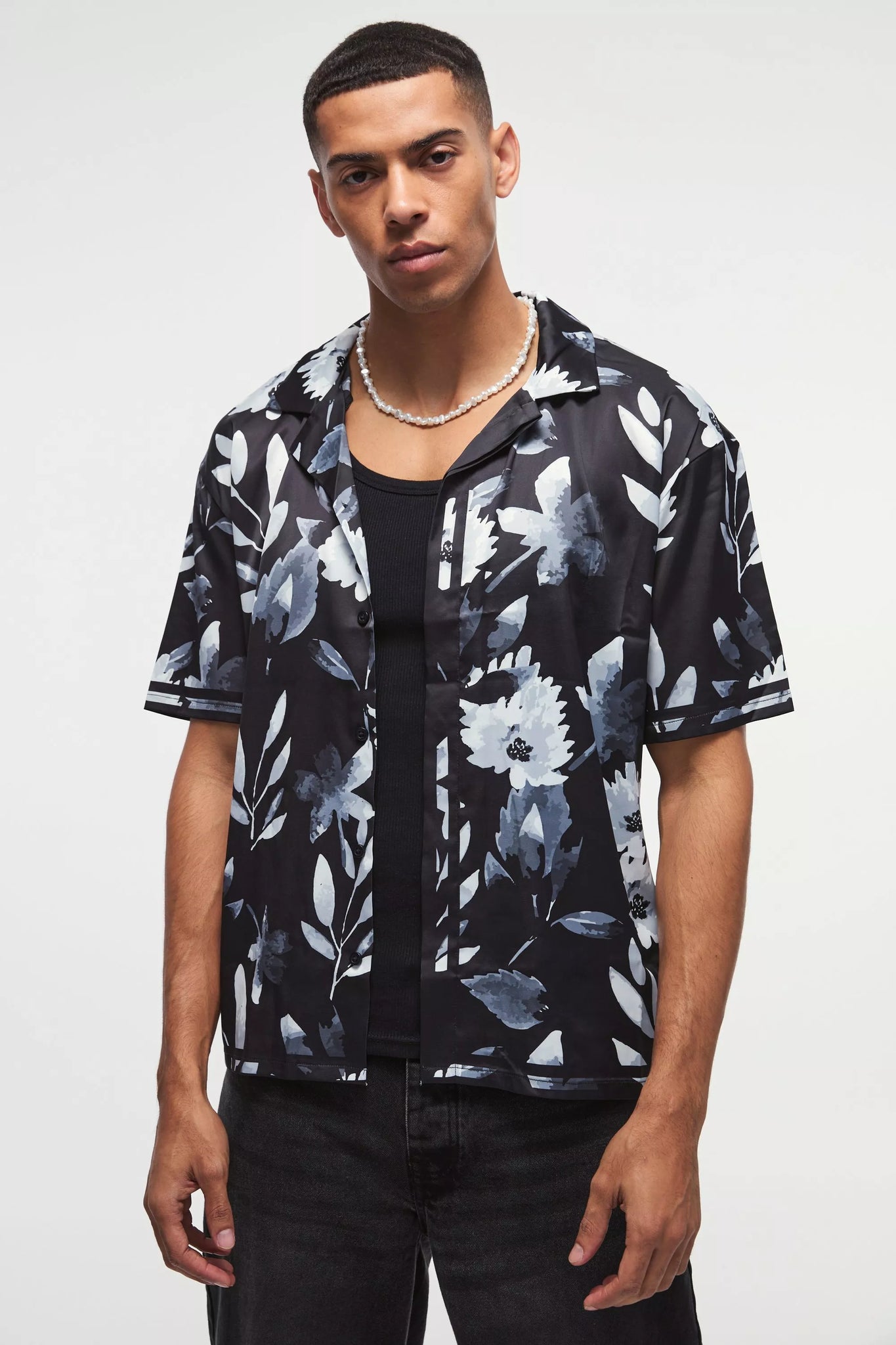 Boohoo Oversized Flower Printed Satin Short Sleeve Mens Shirt