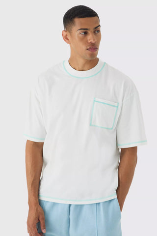 Boohoo White Oversized Boxy Extended Neck Contrast Stitch Mens T-Shirt