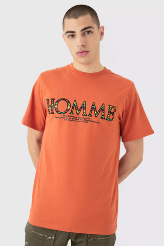 Homme Orange Embroidered Graphic Mens T-Shirt