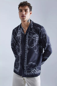 Boohoo Black Long Sleeve Border Line Floral Mens Shirt