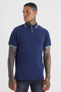 Boohoo Navy Blue Slim Fit Man Signature Tipped Pique Mens Polo Shirt