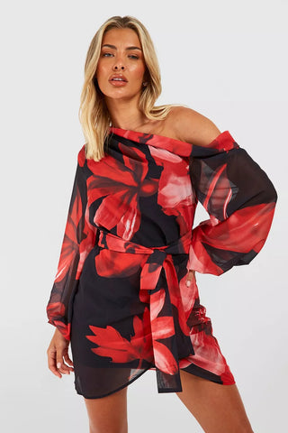 Boohoo Red Floral Chiffon One Shoulder Womens Mini Dress