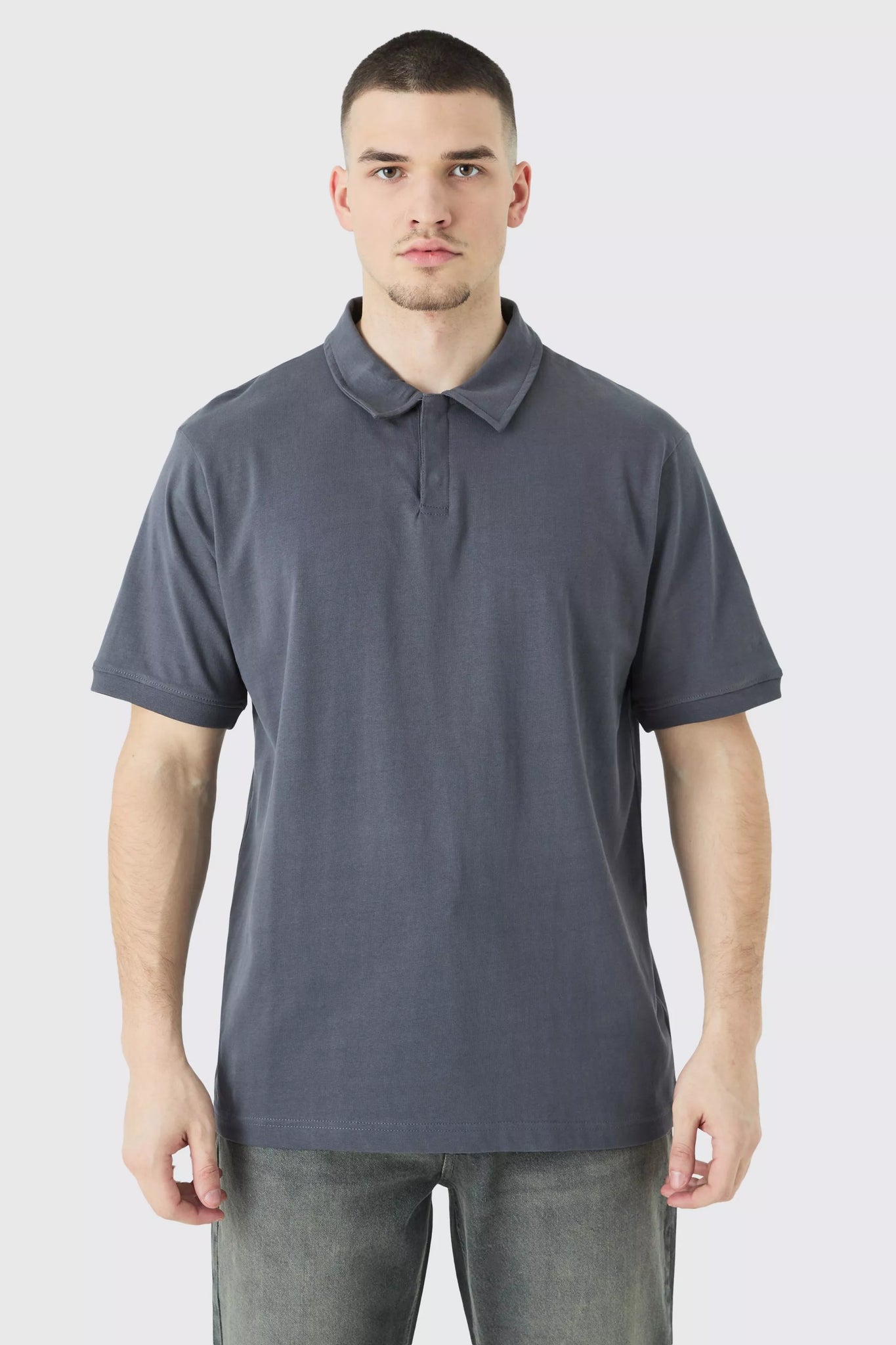 Boohoo Grey Tall Core Heavy Carded Button Up Mens Polo Shirt