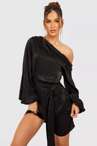 Boohoo Black Satin Draped One Shoulder Womens Mini Dress