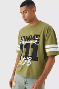 Boohoo Khaki Green Oversized Boxy Moto Puff Printed Stripe Sleeve Mens T-Shirt