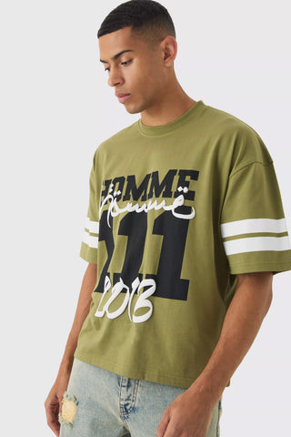 Boohoo Khaki Green Oversized Boxy Moto Puff Printed Stripe Sleeve Mens T-Shirt