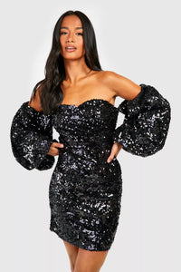 Boohoo Black Petite Sequin Volume Puff Sleeve Womens Mini Dress