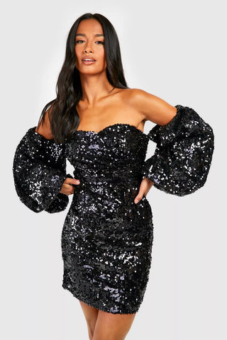 Boohoo Black Petite Sequin Volume Puff Sleeve Womens Mini Dress