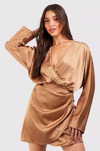 Boohoo Mocha Plain Wrap Tie Womens Mini Dress