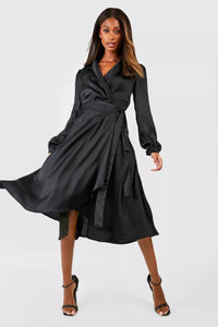 Boohoo Black Satin Wrap Detail Midi Skater Womens Dress