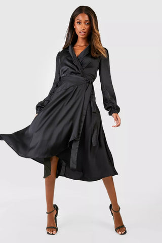 Boohoo Black Satin Wrap Detail Midi Skater Womens Dress