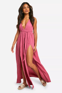 Boohoo Rose Cheesecloth Plunge Belted Womens Maxi Dress