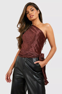 Boohoo Chocolate Plisse One Shoulder Tie Detail Womens Top