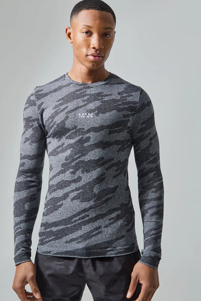 Boohoo Man Black Active Seamless Camo Muscle Fit Long Men Top