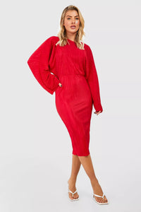 Boohoo Red Plisse Batwing Midi Womens Dress