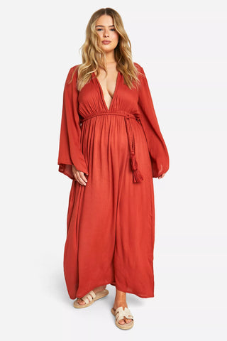 Boohoo Plus Rust Cheesecloth Batwing Maxi Womens Dress