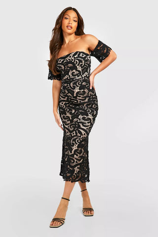 Boohoo Black Tall Premium Corded Lace Bardot Midaxi Womens Dress
