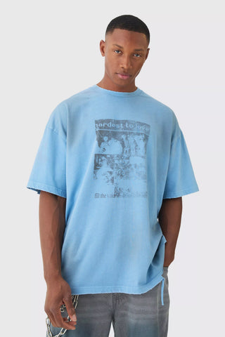 Boohoo Premium Oversized Dusty Blue Washed & Printed Mens T-Shirt BMM89192-679-30