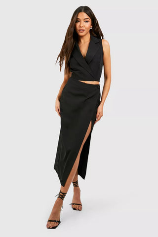 Boohoo Black Thigh Split Wrap Front Tailored Womens Maxi Skirt