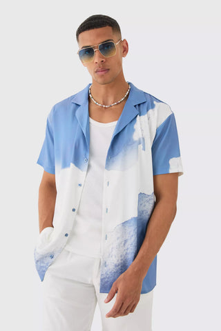 Boohoo Blue Oversized Revere Cloud Short Sleeve Mens Shirt