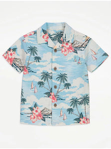 George Palm Tree and Hibiscus Linen Rich Short Sleeve Mens Shirt