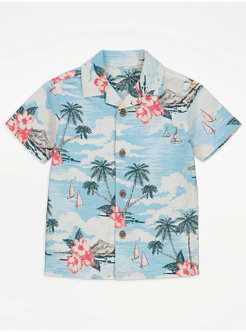 George Palm Tree and Hibiscus Linen Rich Short Sleeve Mens Shirt
